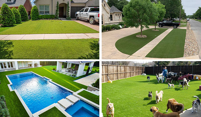 Collage showcasing residential artificial grass for front yards, pool surrounds, and pet areas