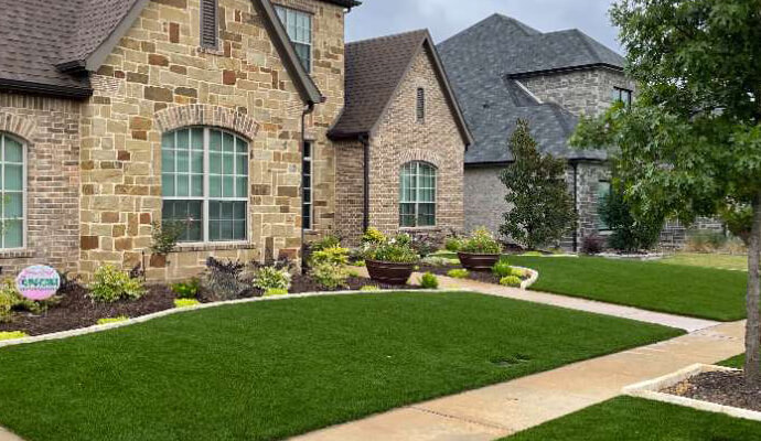 Artificial turf installed in residential front yard