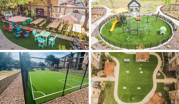 Collage of artificial turf on rooftops, lawns, and playgrounds