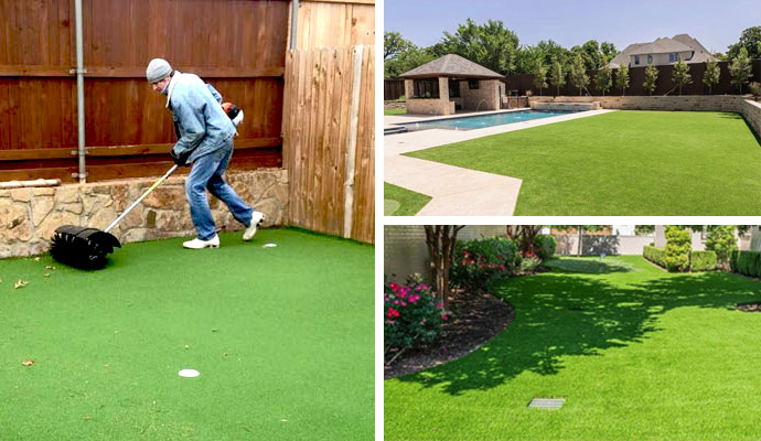 Collage of debris removal, clean turf in pool area after odor treatment, and drainage solutions