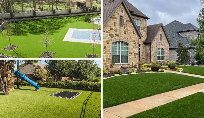 Various parts of a home featuring green artificial turf in a collage format