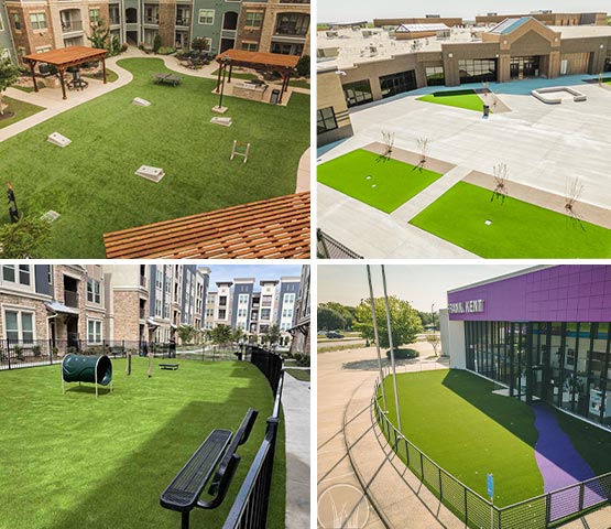 A collage of four commercial landscaping projects featuring artificial turf installations