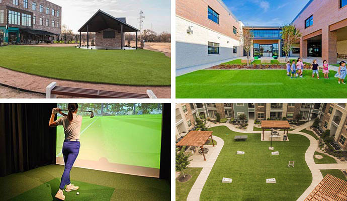 Collage of installed turf in different commercial space