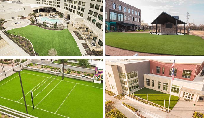 Collage of installed artificial turf in multifamily living space, commercial amenities, play court and ISDs