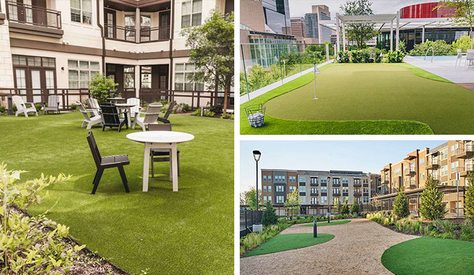 Collage of installed turf in different commercial space