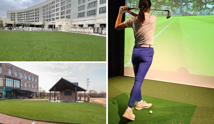 Collage of installed turf in different commercial property