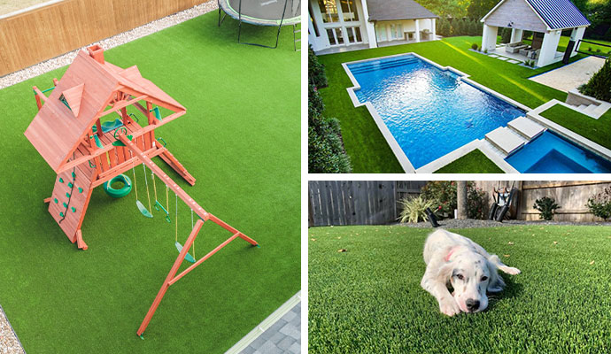 Collage of playground, pool area, and pet turf