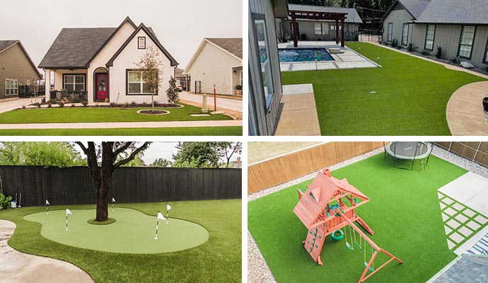 Collage of residential artificial turf applications including lawns, pools, putting greens, and play areas