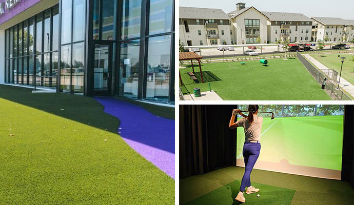 Collage of storefronts, multifamily living, and golf simulators
