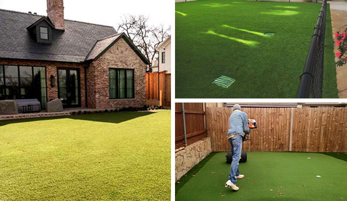 Collage of synthetic grass, drainage installation, and turf maintenance