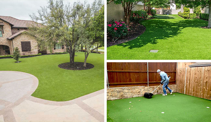 Collage installed synthetic turf, drainage system and maintenance service