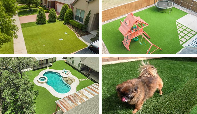 Collage of turf installed in backyard, playground, pool area and pet zone