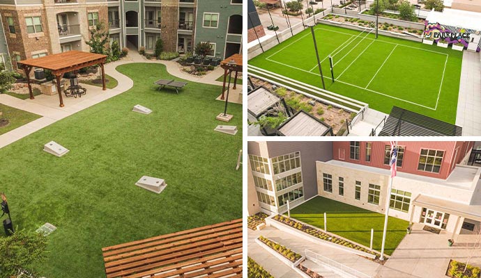 Collage of synthetic grass multifamily, commercial office, artificial turf