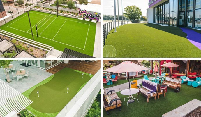 Collage of commercial uses for artificial turf.