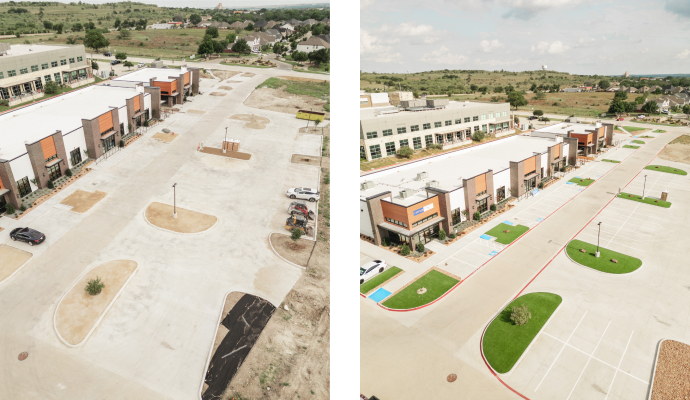 Commercial parking lot before and after turf installation