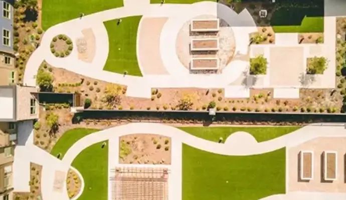 Aerial view of courtyard apartment complex