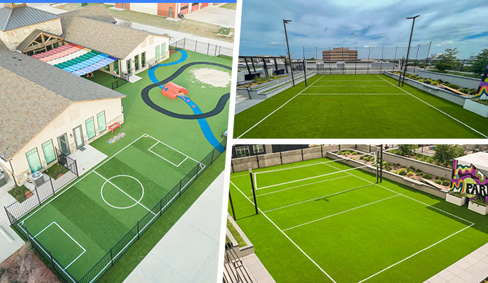 Collage of artificial turf playgrounds and sports courts.