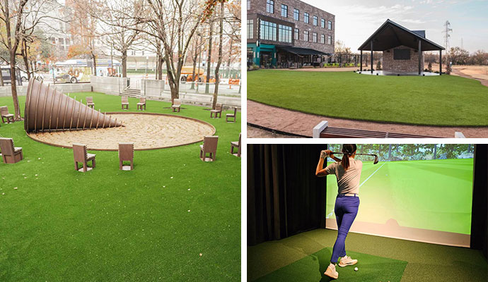 Collage of artificial turf installed at different commercial properties