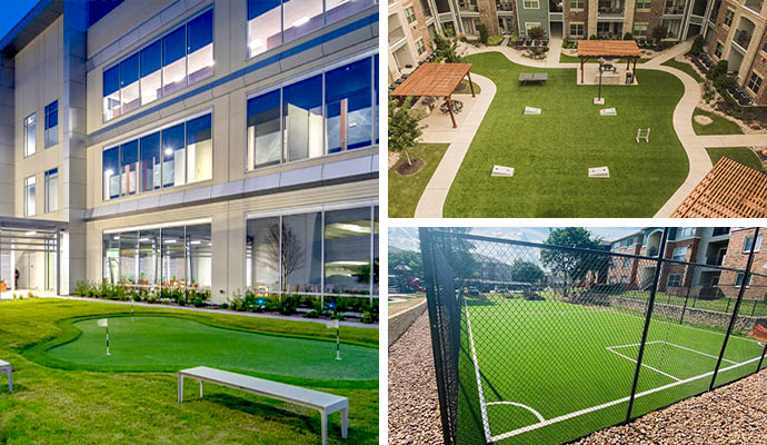 Collage of commercial synthetic turf amenities