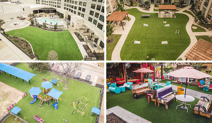 Collage of synthetic turf installed on commercial outdoor spaces