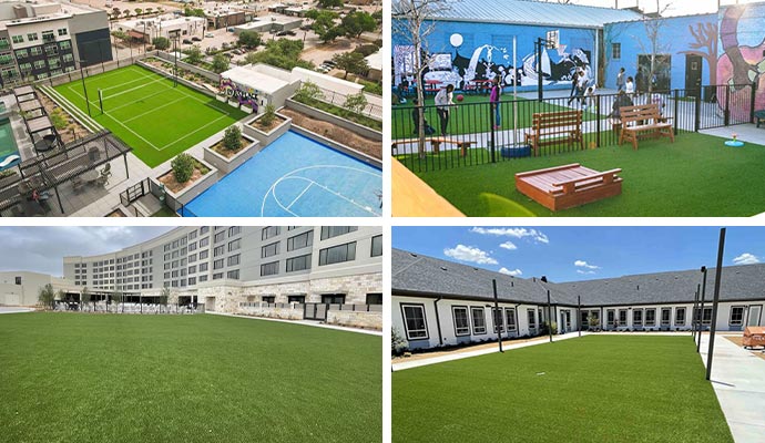 Collage of artificial turf at hotels, schools, and apartment buildings.