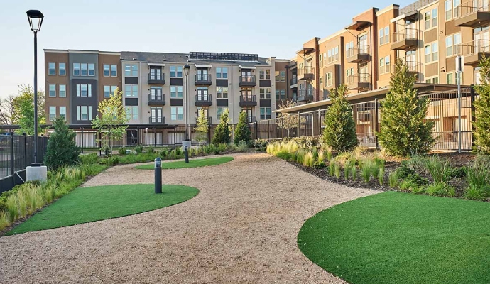 Commercial apartment courtyard dog park with artificial turf