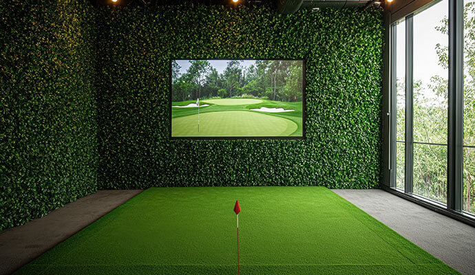 High-end indoor golf simulator room with installed turf