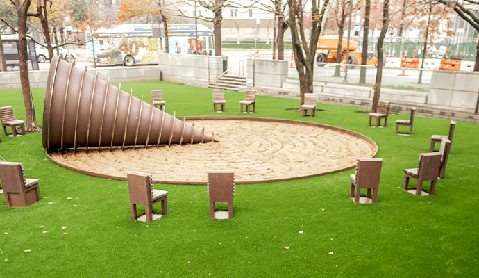 Park amenity area with artificial turf lawn