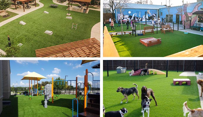 Collage of installed turf in communities including parks, playgrounds, dog areas and outdoor recreation spaces