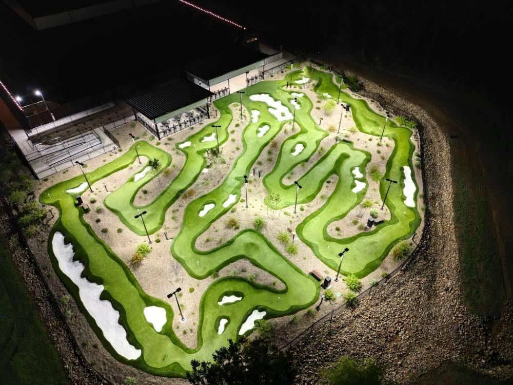 Aerial view of artificial grass mini golf course