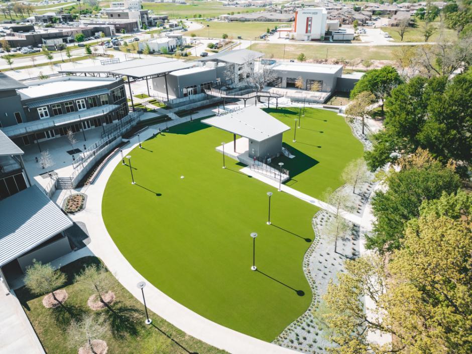 Open courtyard with artificial grass