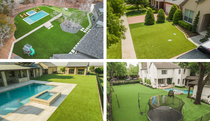 Collage of residential properties with installed turf around pools, backyards and landscaped outdoor living areas
