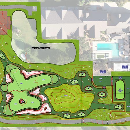A detailed landscape site plan showing contour lines, formal lawn area, pathways, and planting zones.