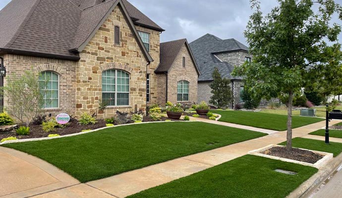 Suburban house with a perfect artificial turf front lawn.