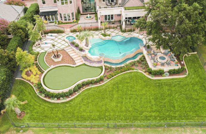 Collage of aerial luxury backyards with pools, putting greens, lawns, and fire pits.