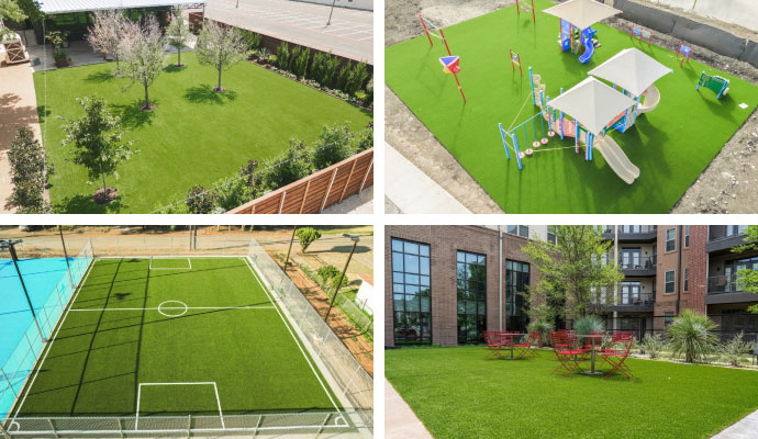 Collage of turf installation projects including residential lawns, playgrounds, sports courts and apartment courtyards