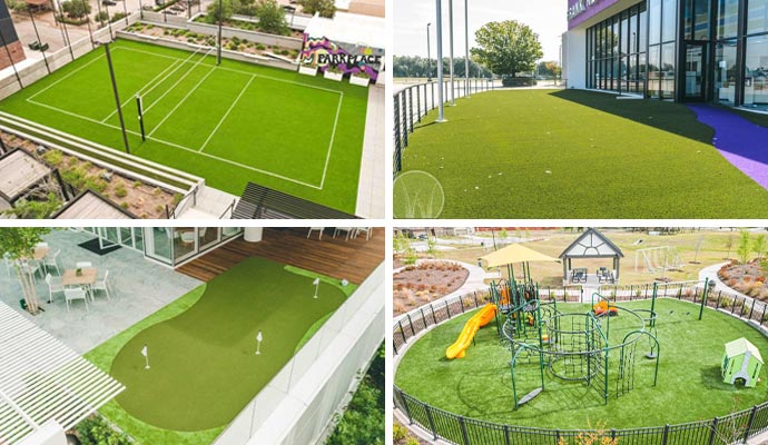 Collage of artificial turf on rooftops, lawns, and playgrounds.